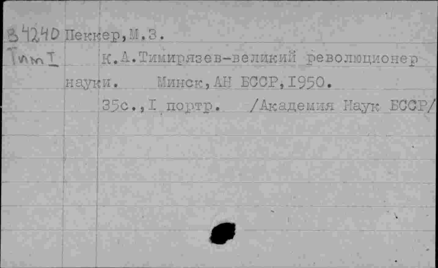 ﻿а'ШЙ Пеккер, '.1.3.
ДЛ’нчС.	К.А.Тимирязев-великий революционер
науки. Минск,АН БССР,1950.
. 35с.,I портр. /Академия Наук БССР/